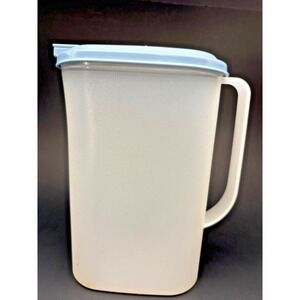 Vintage Tupperware - 2 Quart Slim Line Pitcher, Fits in Door, Blue Lid